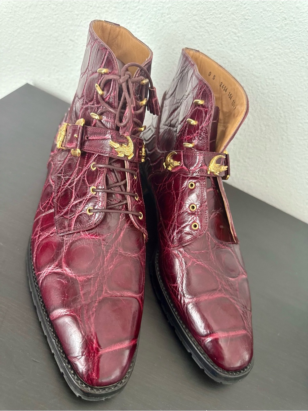 Mauri Luxury Combat Dress Ankle Boots Exotic Leather Genuine Alligator Burgundy